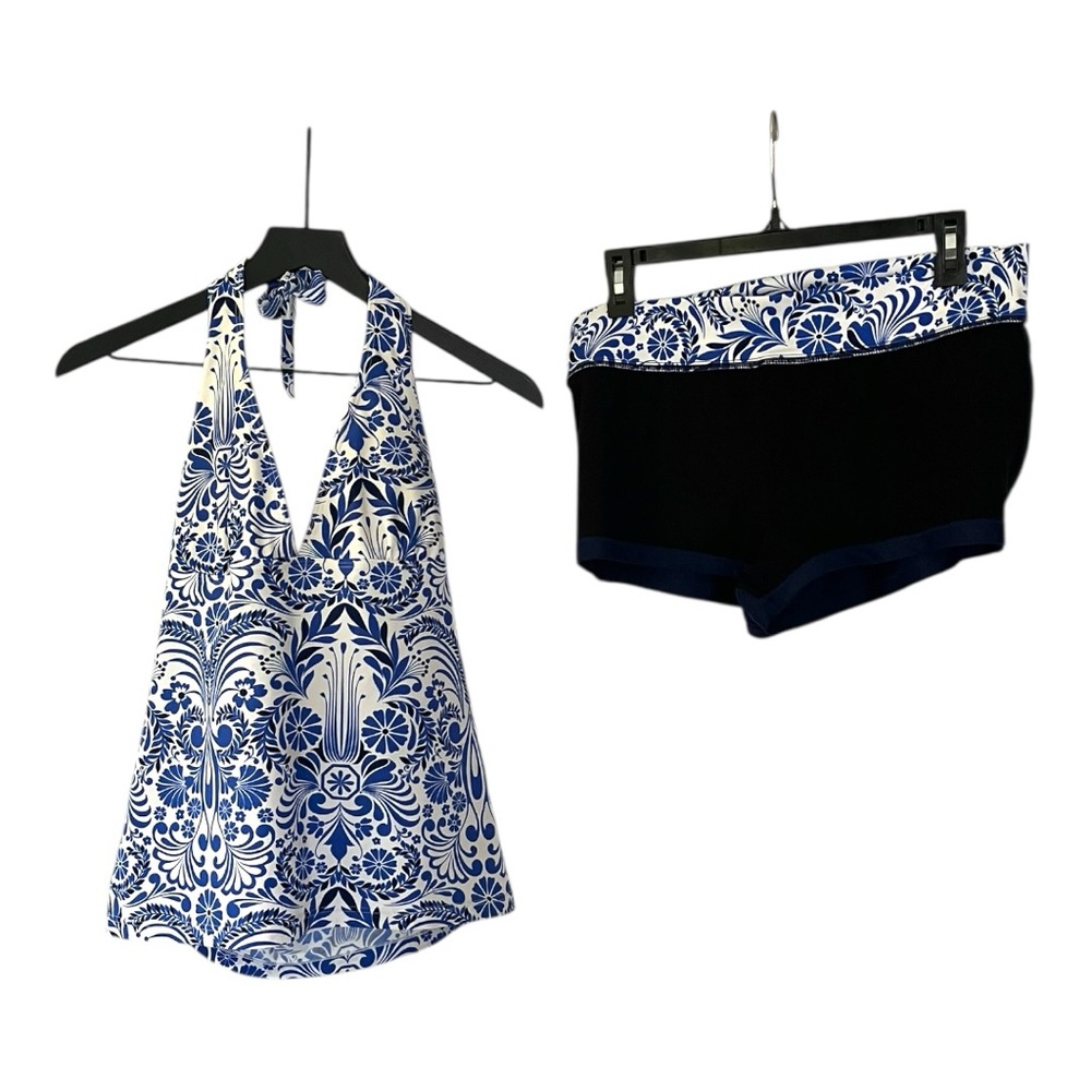 Waikiki blue and white tankini swim short set